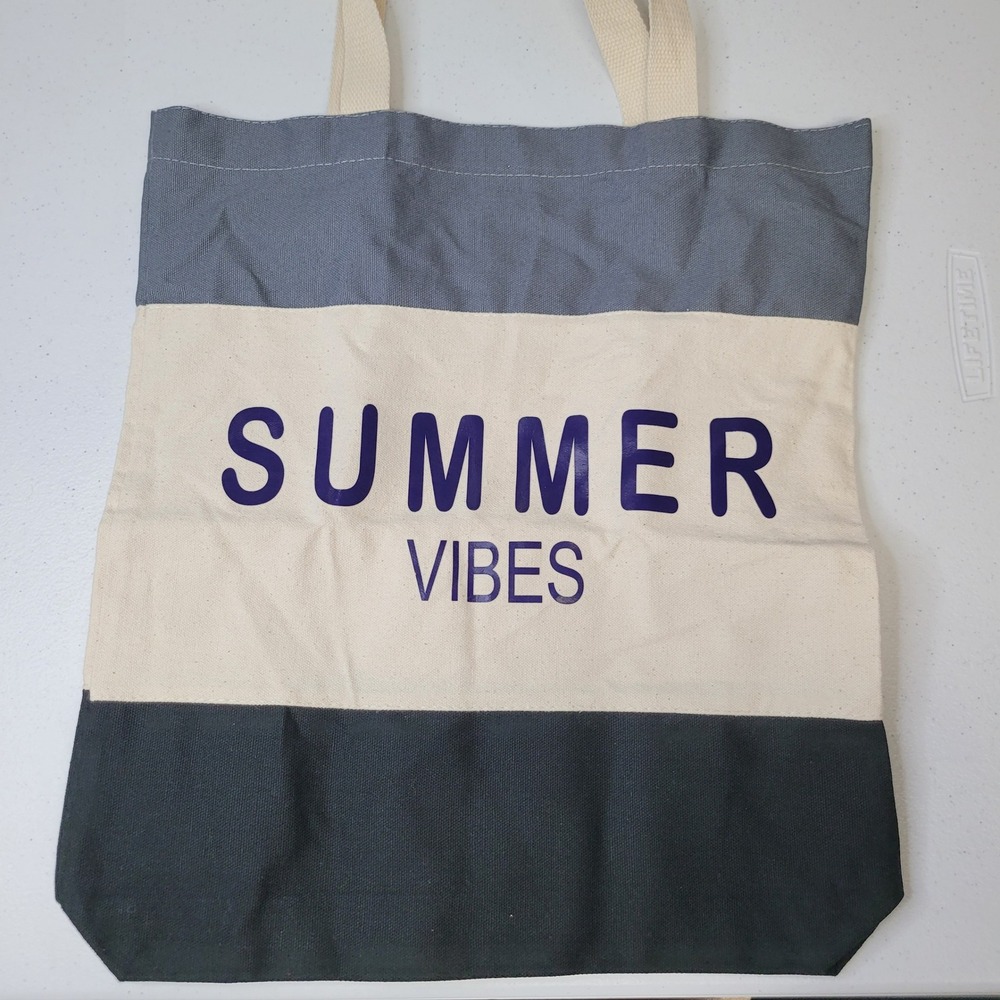 Summer Vibes Canvas Beach Tote Bag Gray Cream Black Reusable Grocery Beach